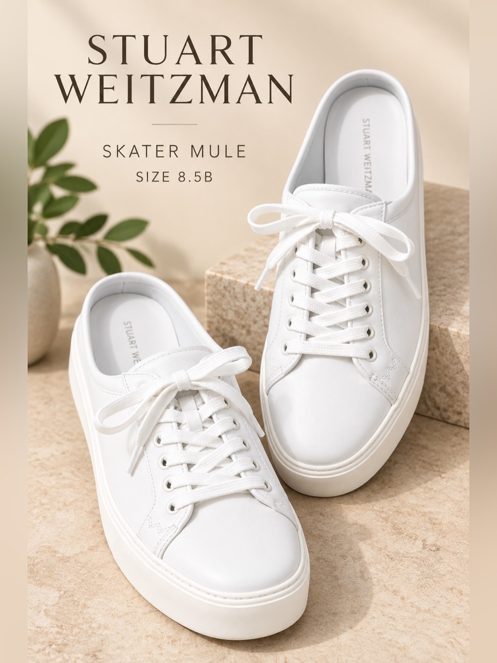 Stuart Weitzman Skater Mule White Leather Platform Sneakers Size 8.5